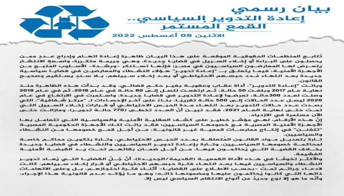 بيان من منظمات حقوقية يستنكر استمرار تدوير المعتقلين في قضايا ملفقة