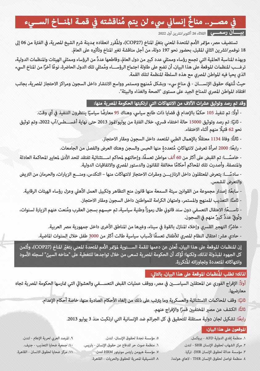 11 منظمة حقوقية تضع جرائم الانقلاب على مائدة قمة المناخ