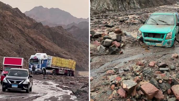 انهيار طريق شرم الشيخ – دهب بعد 4 أشهر من تطويره