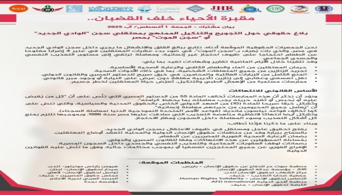 13 منظمة حقوقية تصدر بيانا حول مقبرة الأحياء بسجن الوادي الجديد